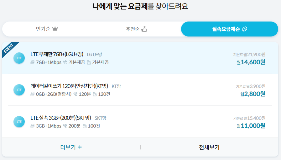 우체국 알뜰폰 요금제 비교