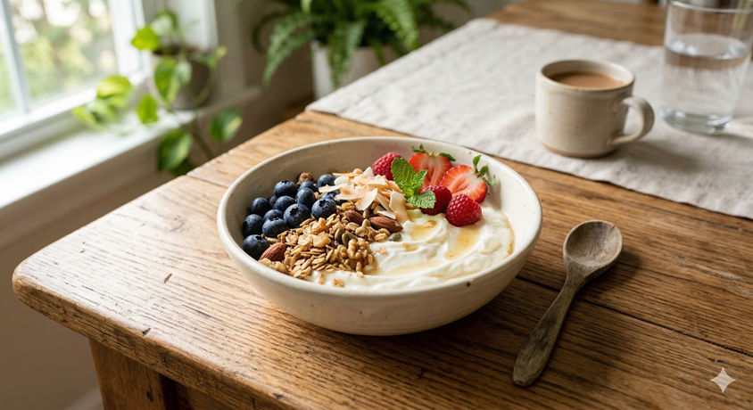 블루베리와 견과류가 토핑된 건강한 직장인 아침 식사 그릭 요거트 볼