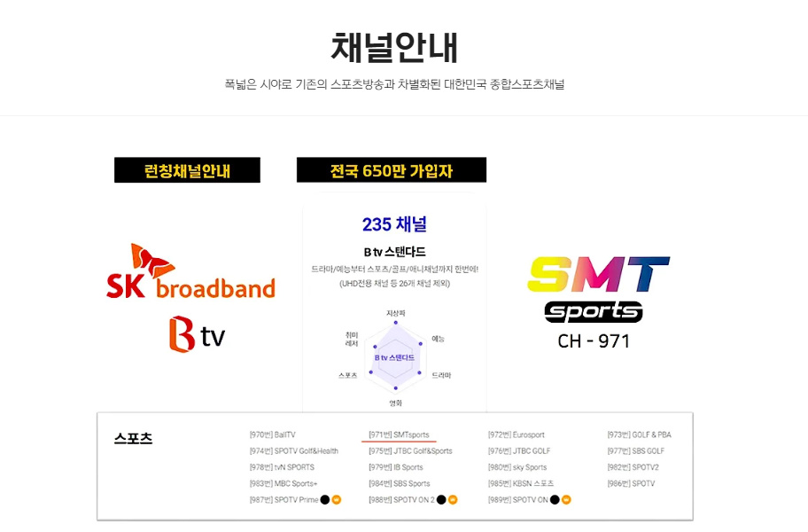 SMT스포츠-편성표-및-채널번호-안내-그러면-스포츠-채널-번호를-확인하실-수-있습니다.-앞서-말씀드린-것처럼,-현재-SMT-스포츠는-SK브로드밴드와-Btv에서만-시청-가능하며,-채널 번호는-971번입니다.