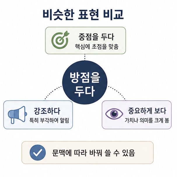 방점을 두다와 중점을 두다, 강조하다, 중요하게 보다처럼 비슷하게 사용할 수 있는 표현을 연결한 이미지