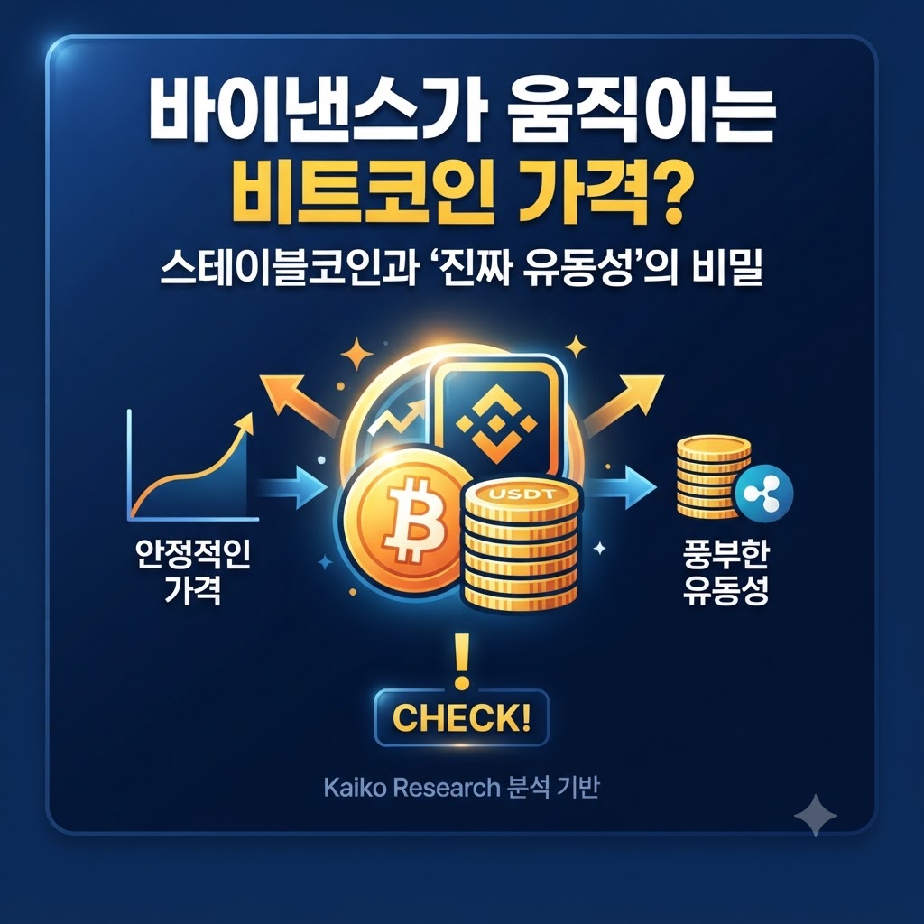 바이낸스 가상화폐 거래소와 비트코인(BTC), 스테이블코인(USDT)의 시장 심도 및 유동성 구조를 분석한 Kaiko Research 기반 인포그래픽 썸네일