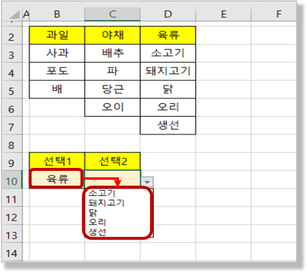 데이터 유효성 검사 - 이중 목록