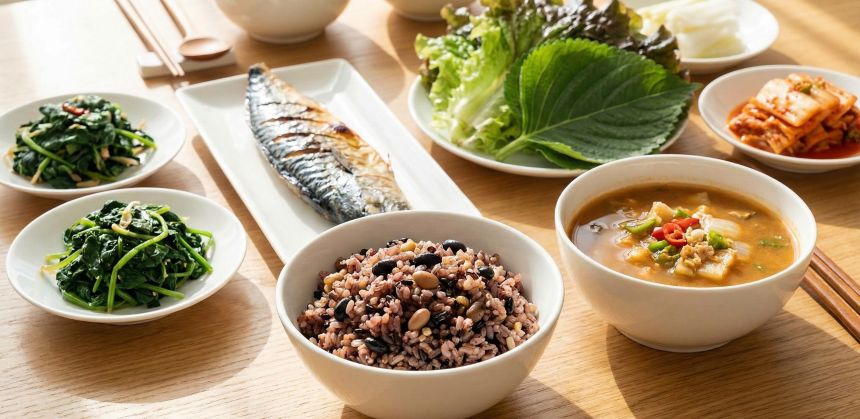 혈당 관리에 도움을 주는 잡곡밥과 채소 반찬 위주의 건강한 식단