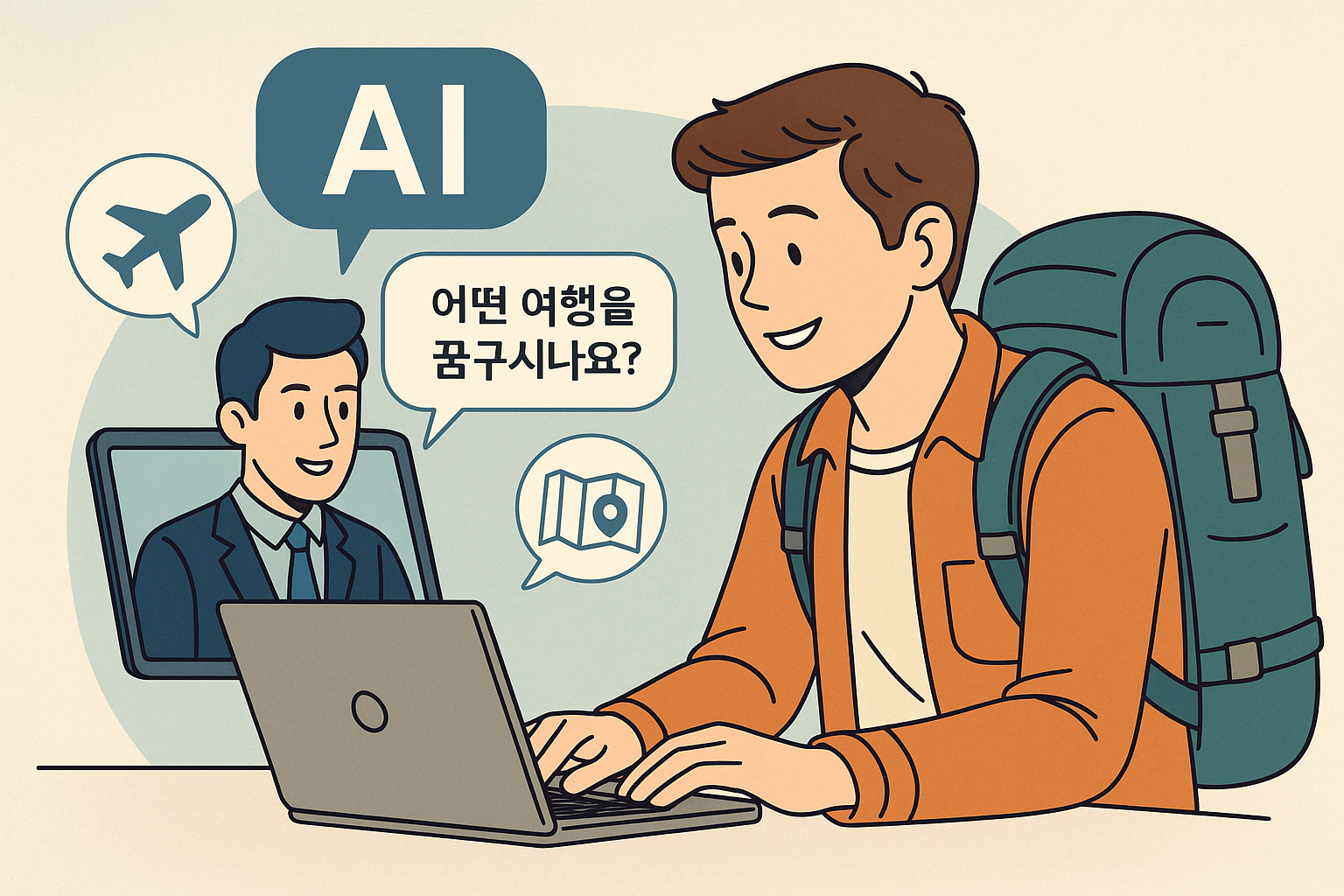 2030 여행자가 AI 여행 플래너와 대화하며 맞춤형 여행 일정을 설계하는 장면 이미지