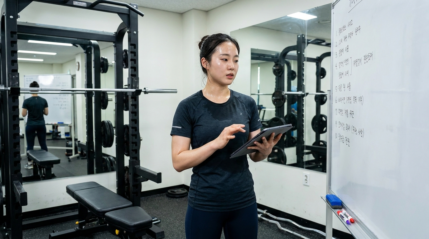 스포츠지도사 실기 시험을 대비해 티칭 연습을 반복하는 모습