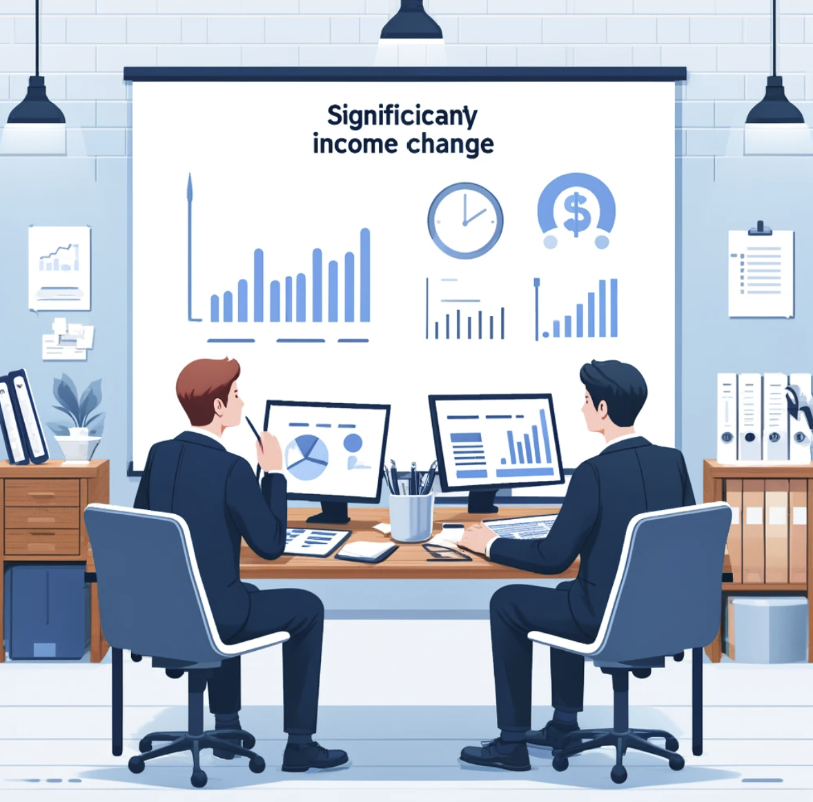 소득 변동 그래프를 논의하는 중