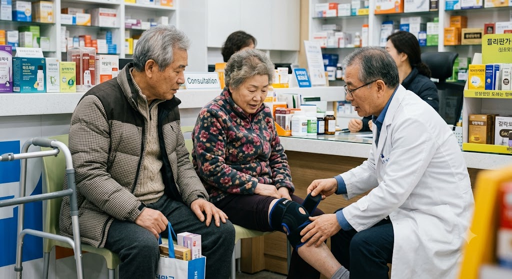 무릎보호대 착용하고 약사로부터설명받는 장면 입니다