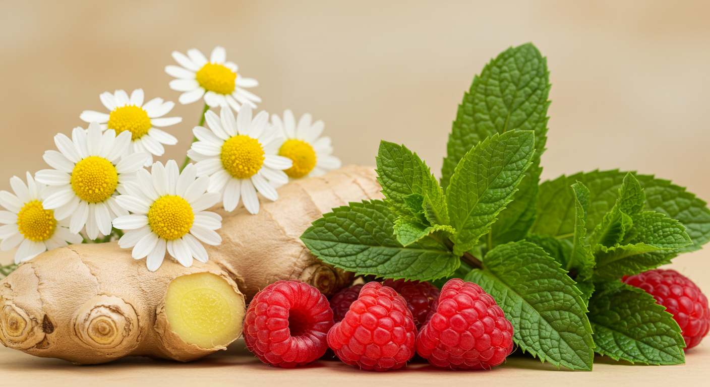 생리통에 좋은 카모마일, 생강, 산딸기, 페퍼민트의 모습이다.