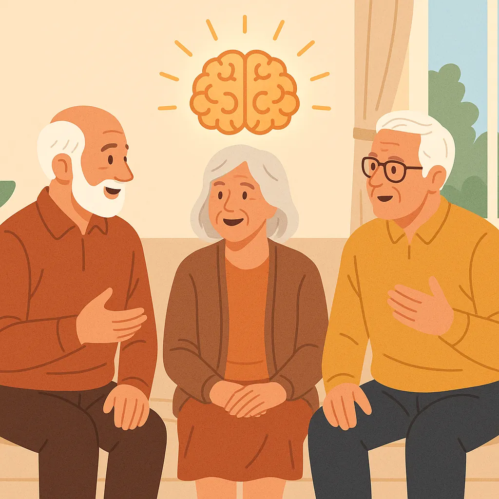 노년의-세-사람이-함께-대화를-나누며-웃는-모습-사회적-교류가-뇌-건강과-치매-예방에-도움을-주는-상황을-상징적으로-표현한-장면