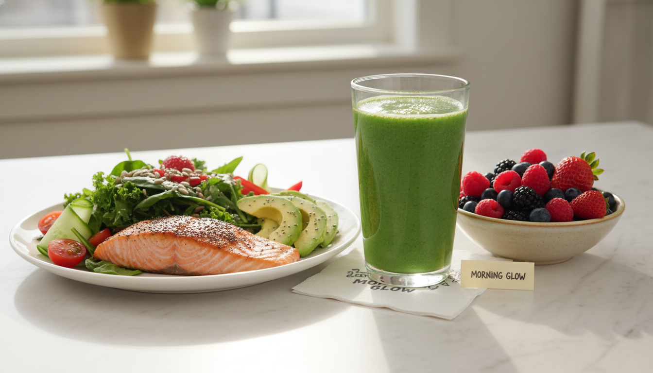 피부 탄력을 지켜주는 연어 아보카도 샐러드와 항산화 그린 스무디 건강 식단