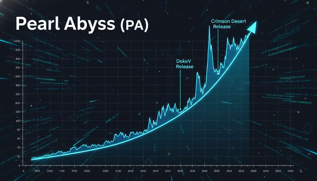 펄어비스 주식 그래프가 도깨비와 붉은사막 출시일에 맞춰 급격히 상승하는 모습. 게임 출시가 주가에 미치는 긍정적인 영향을 시각적으로 보여줍니다.