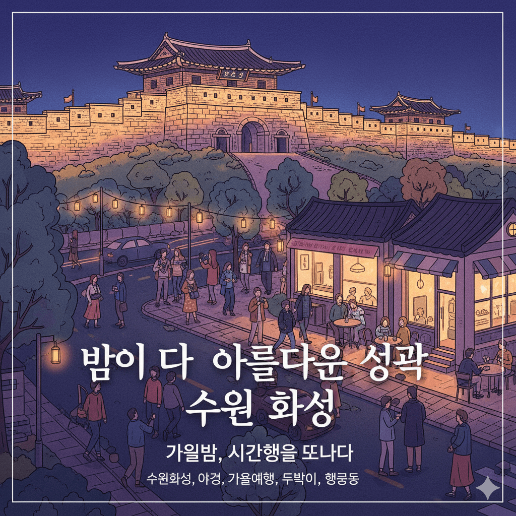 수원시 화성 돌로 이루어진 성곽길의 밤풍경