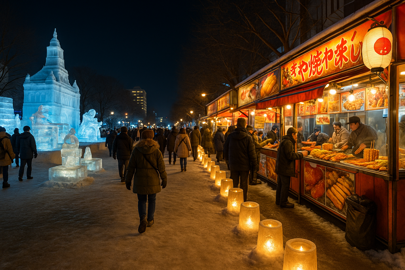 설국의 밤, 얼음 등롱이 늘어선 눈길을 따라 현지 포장마차 불빛 아래 사람들이 홋카이도 별미를 즐기며 거닐다 모습