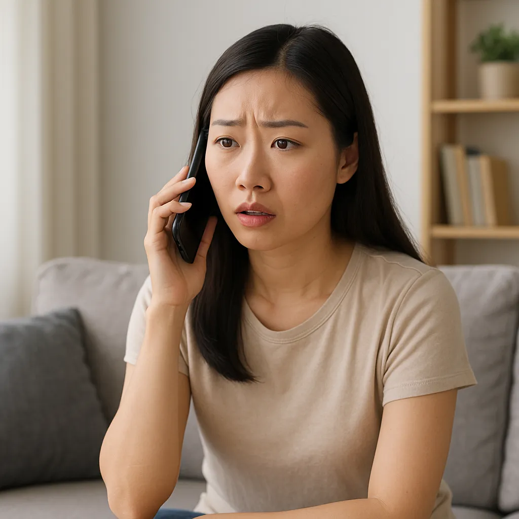 고객센터에 전화를 거는 여성의 걱정스러운 표정