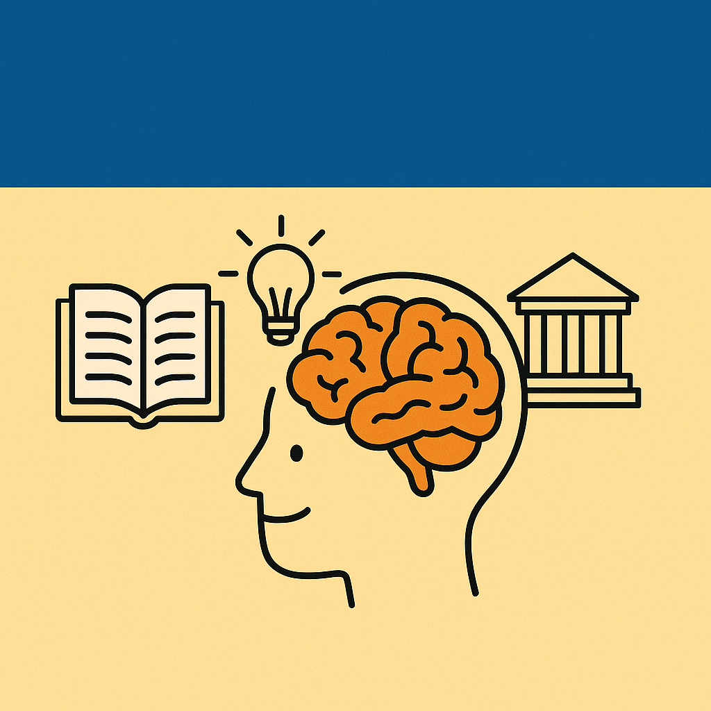 open-book-아이콘과-뇌를-강조한-사람-실루엣-중앙에-배치된-주황색-뇌-아이콘-위-전구와-양옆의-법전과-고전건축물-아이콘이-조화를-이룬-뇌과학-학습-컨셉의-일러스트-배경은-청색과-연노랑-투톤