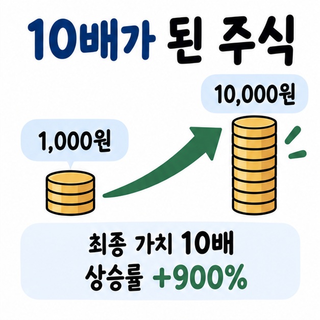 1천 원 주식이 1만 원이 되어 가치가 10배이고 상승률은 900%임을 보여주는 계산 카드