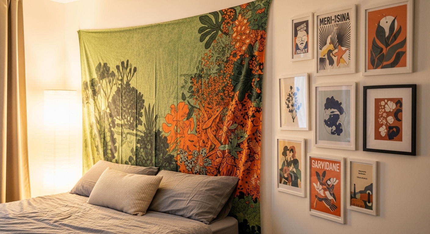 침대 헤드 벽에 걸린 대형 패브릭 포스터와 다양한 액자 아트 포스터로 꾸며진 아늑한 침실.