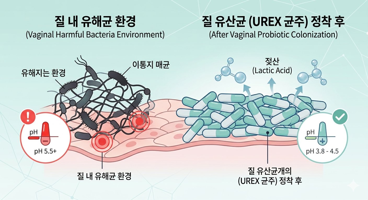 질 내 유해균 환경 vs 질 유산균 정착 후' 유렉스 균주 메커니즘