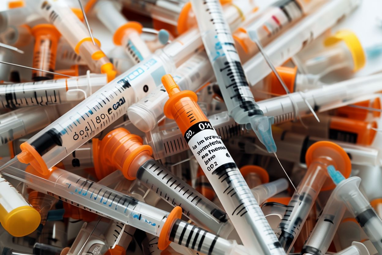 주사기가 쌓여 있는 사진