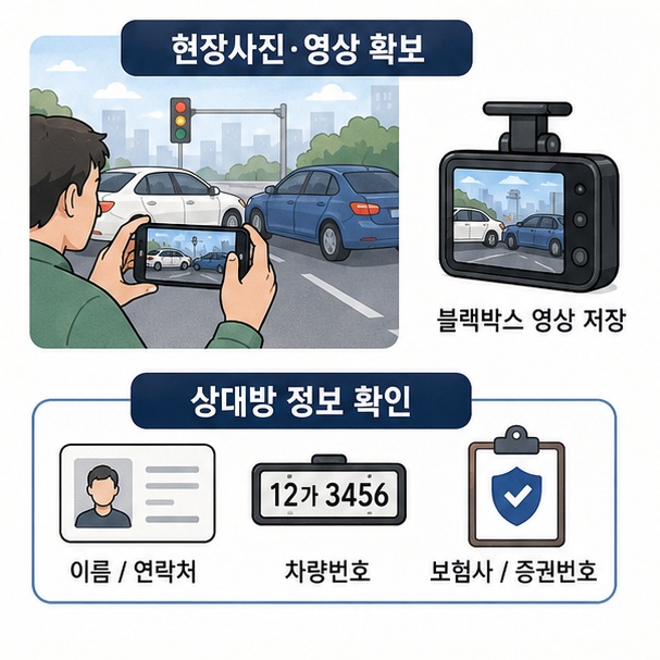 사고 현장에서 차량 위치와 파손부위, 차선 등을 촬영하고 블랙박스 영상을 확보하는 방법을 설명한 이미지