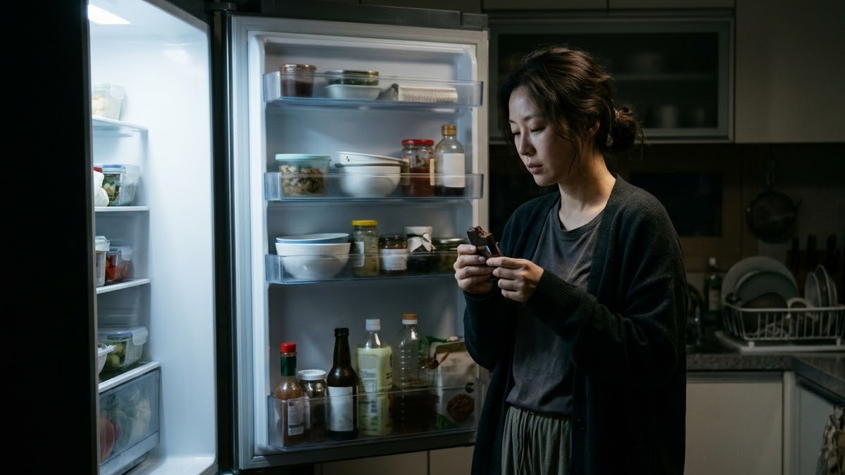 늦은 밤 냉장고 앞에서 단 간식을 집어 드는 30대 여성