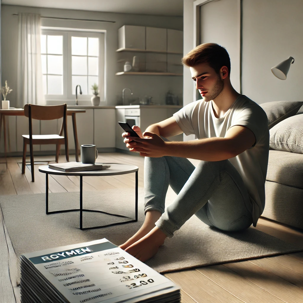 원룸 바닥에 앉아 월세 앱을 확인하며 걱정하는 20대 청년의 모습