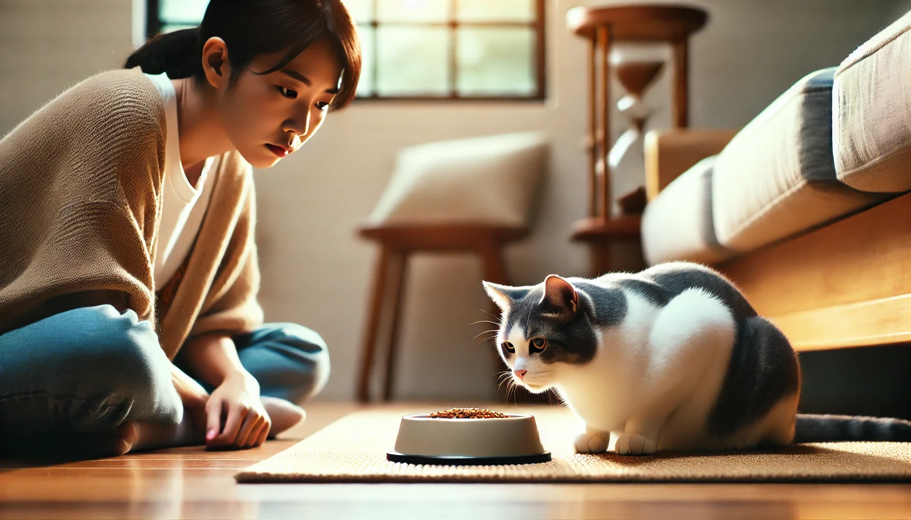 식욕이 없는 고양이를 걱정스럽게 바라보는 보호자. 고양이는 밥그릇 앞에 앉아 무관심한 표정이며, 보호자는 강요하지 않고 조용히 지켜보고 있음