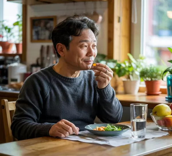 식사 후 영양제를 먹고 있는 50대 남성