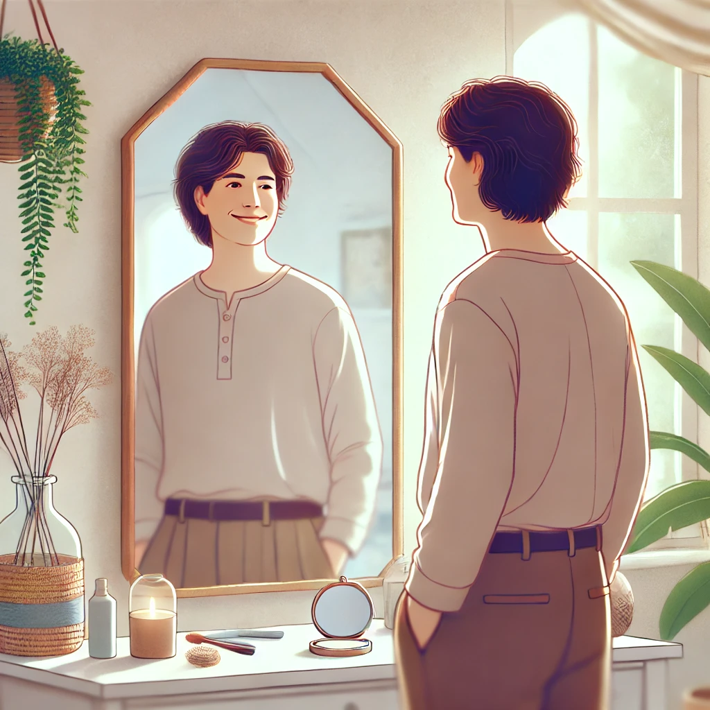 거울 앞에서 자신의 모습을 바라보며 미소 짓는 사람, 자기애와 자존감 회복을 상징하는 아늑한 분위기