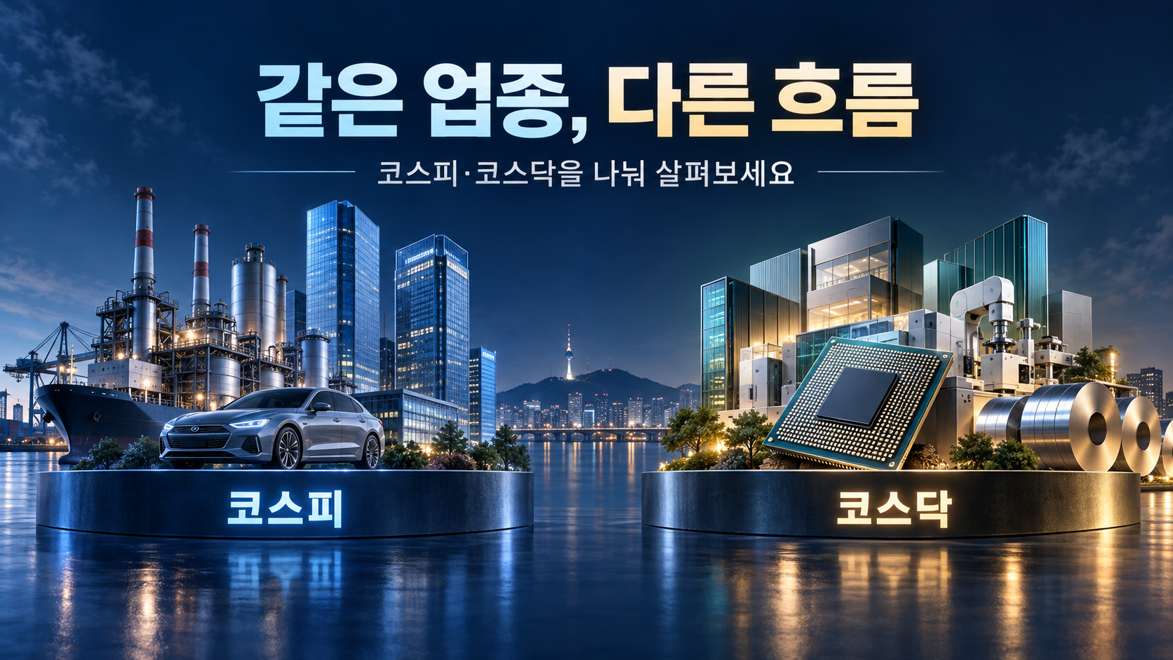공장·자동차·선박과 반도체·로봇·금속 소재를 좌우에 배치해 코스피와 코스닥의 업종별 흐름을 구분해 살펴보도록 표현한 설명 이미지