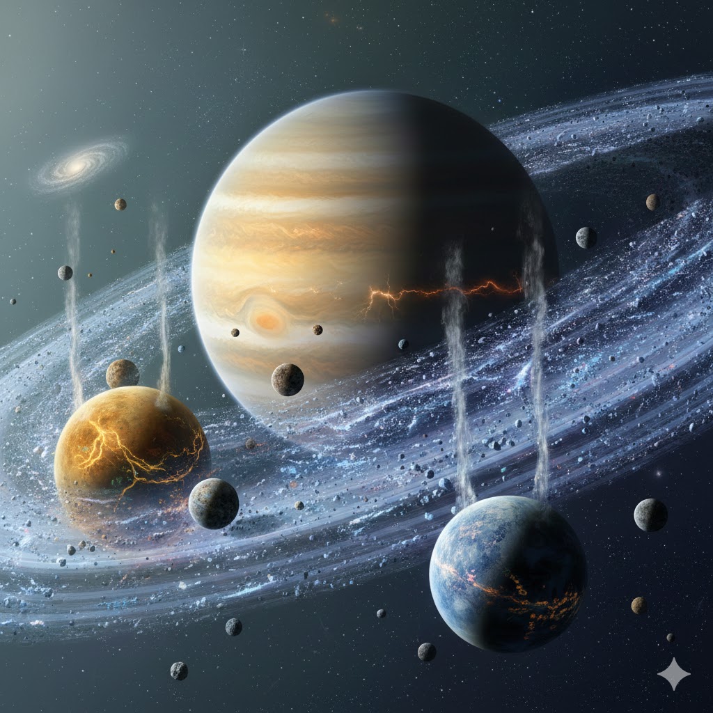 수많은 위성과 화려한 고리를 가진 토성의 신비로운 우주 풍경과 생명체 거주 가능성을 암시하는 위성의 간헐천.