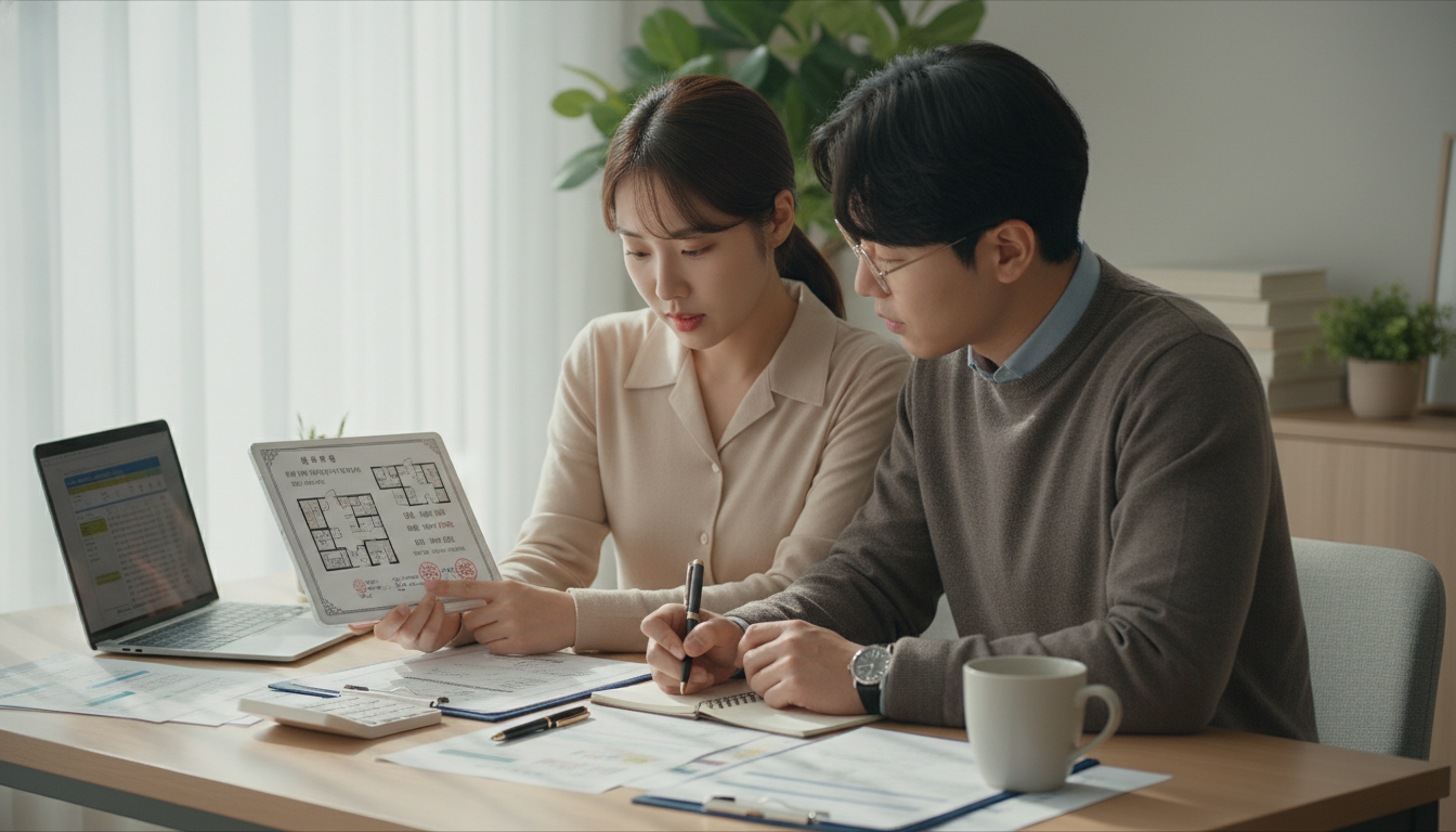 신혼부부가 책상에 앉아 노트북과 서류를 보며 전세자금 대출 관련 정보를 꼼꼼히 검토하는 모습.