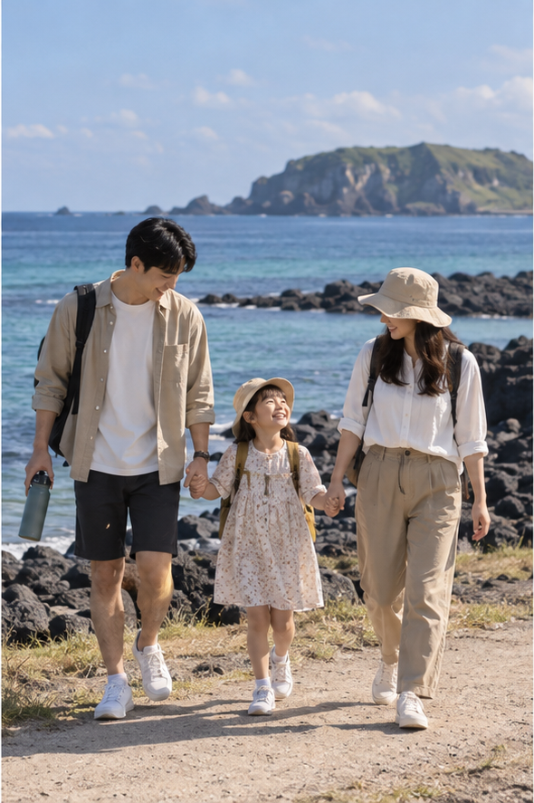 식탁에서 제주 가족 나들이 계획을 확인하는 보호자와 아이