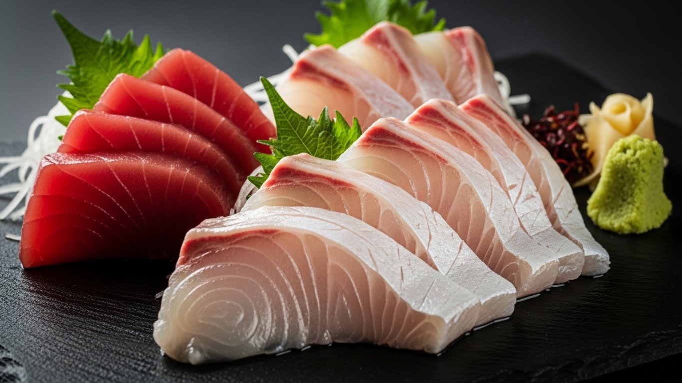 신선한 대방어회의 여러 부위가 어두운 색의 고급스러운 접시 위에 정갈하게 놓여있는 모습. 붉은 등살부터 하얀 마블링이 돋보이는 뱃살과 배꼽살까지 다채로운 색감의 회가 조명을 받아 윤기나게 빛나고 있다.