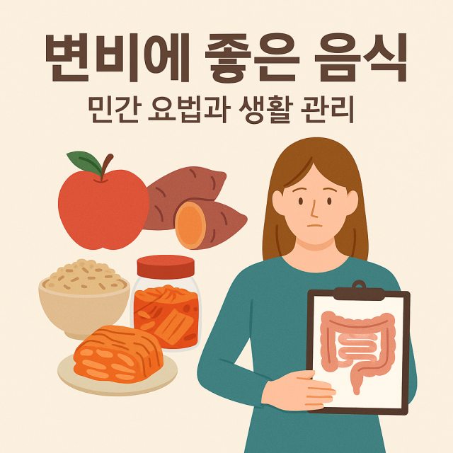 변비에 좋은 음식과 민간 요법, 생활 관리 방법을 정리한 대표 이미지로 장 건강 개선과 배변 습관 형성을 강조한 그림