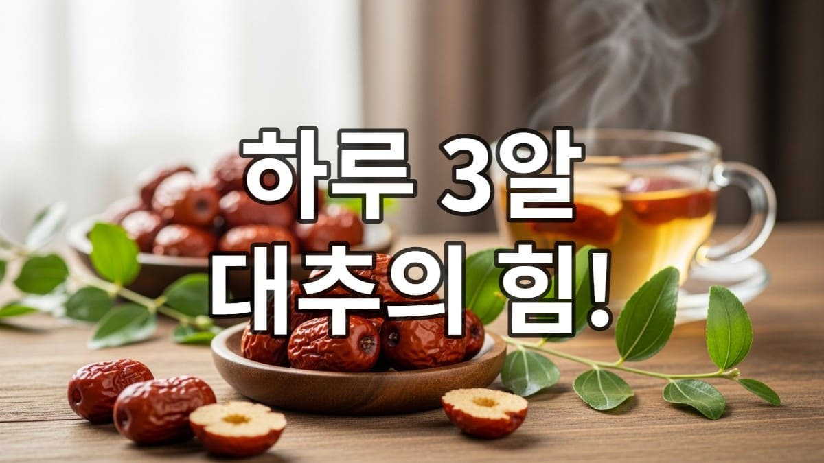 따뜻한 분위기의 나무 테이블 위에 놓인 잘 익은 말린 대추와 대추차, 건강하고 편안한 느낌을 주는 이미지.