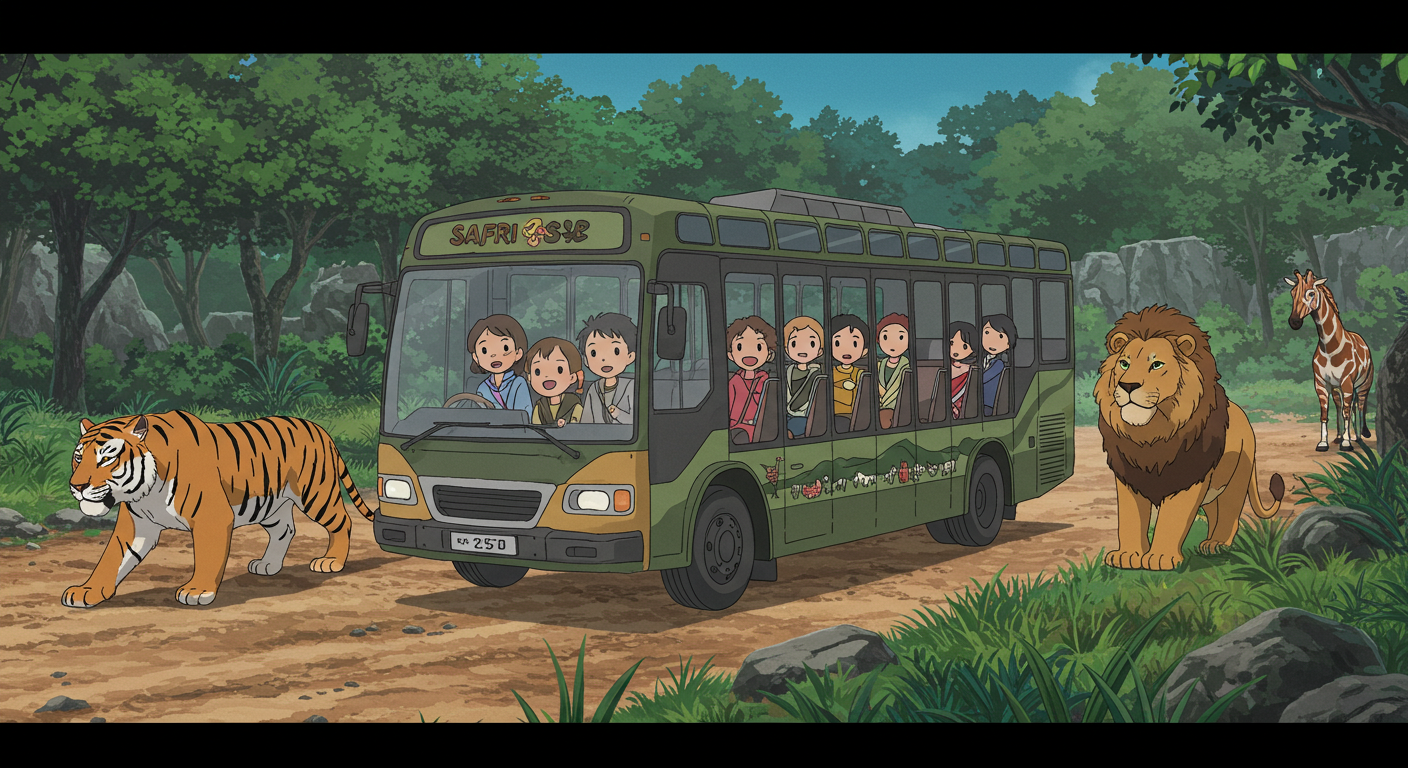 에버랜드 사파리 버스에서 맹수를 보는 아이들