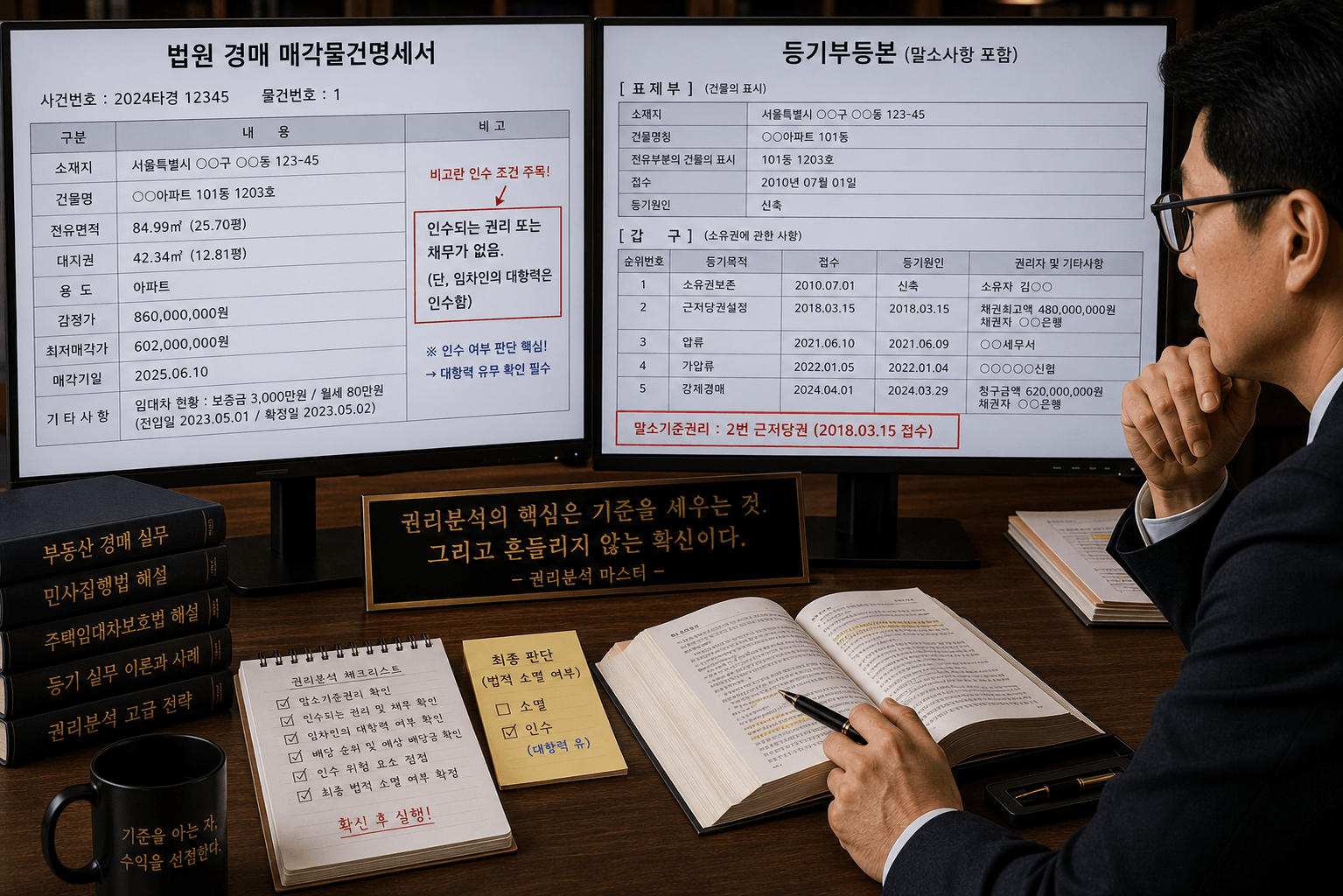 법원 경매 매각물건명세서 서류의 비고란에 적힌 인수 조건 문구와 등기부등본의 말소기준권리를 모니터 두 개에 나란히 띄워두고 법적 소멸 여부를 최종 확정 짓는 권리분석 마스터의 오피스 모습