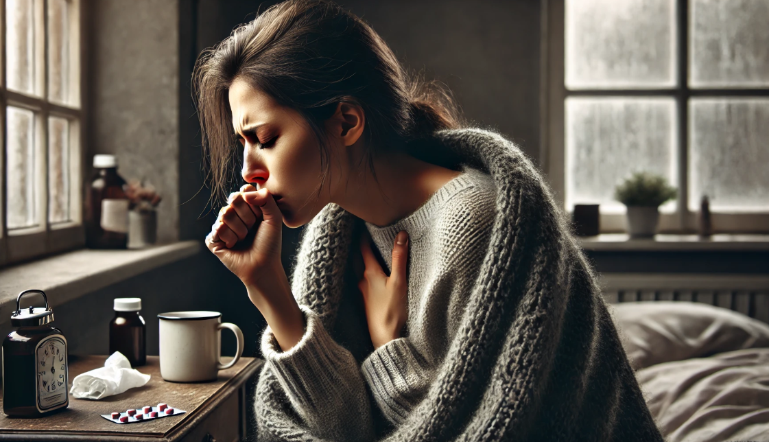 감기에 걸려 기침하고 있는 여자 사진