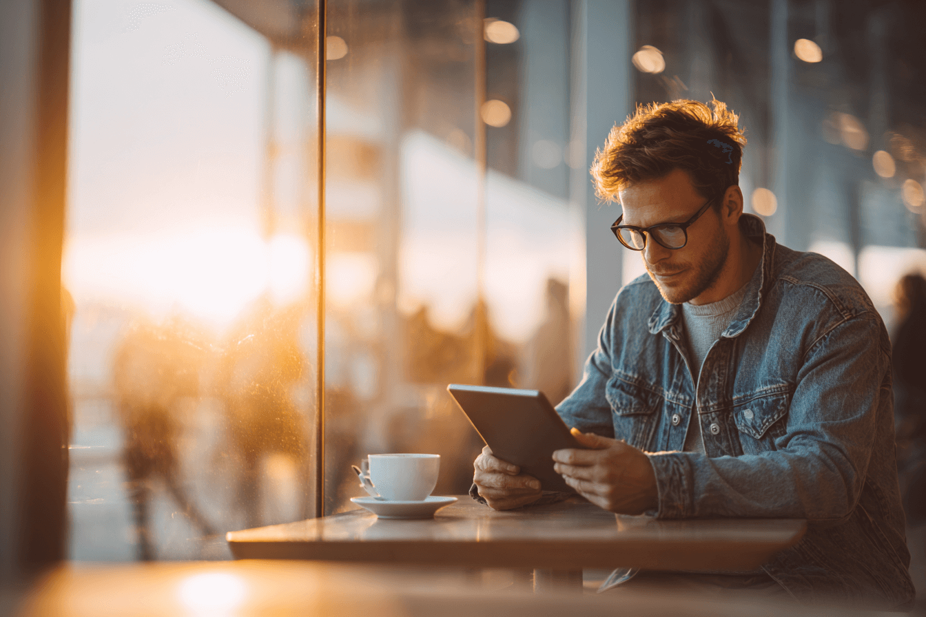 태블릿-PC를-주의깊게-보고-있는-남성