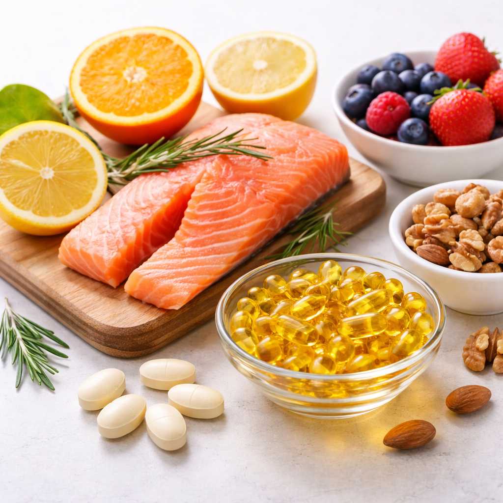 항산화에 도움이 되는 식재료(연어, 베리류, 견과류 등)과 영양제가 놓여있는 이미지