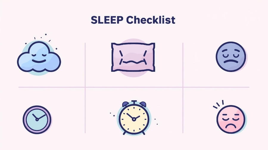 베개와 졸린 얼굴 아이콘이 포함된 체크리스트 디자인