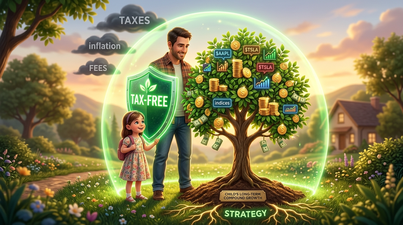 아빠가 아이의 미래를 위해 'Tax-Free'라고 적힌 튼튼한 방패를 세워주고, 그 뒤에서 아이의 자산 나무가 쑥쑥 자라나 금화 열매를 맺는 모습