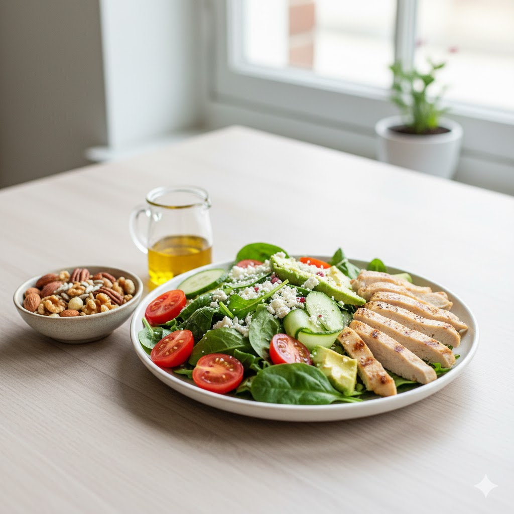 신선한 샐러드와 견과류가 담긴 식단 사진