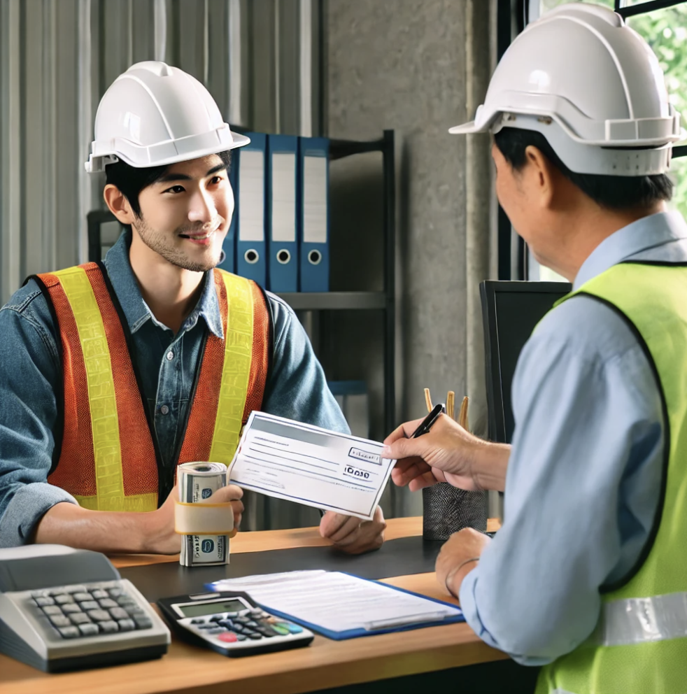 건설 근로자가 사무실 창구에서 퇴직 공제금을 수령하는 모습