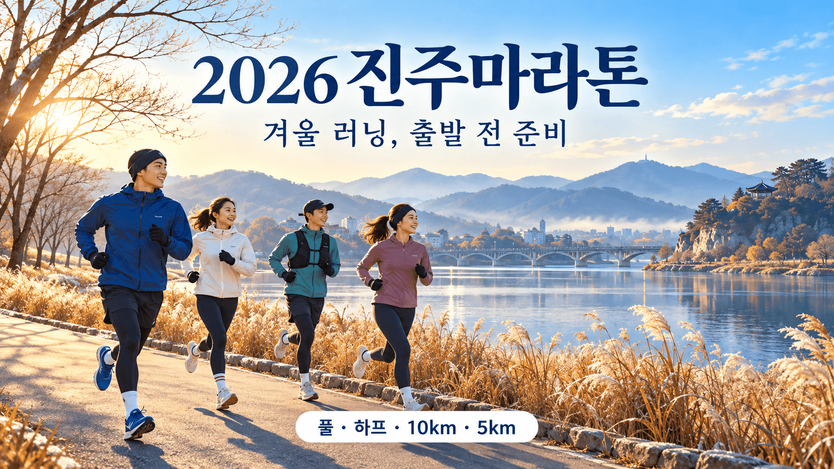 겨울 강변을 달리는 러너들과 풀&middot;하프&middot;10km&middot;5km 종목 안내를 담은 2026 진주마라톤 소개 일러스트.