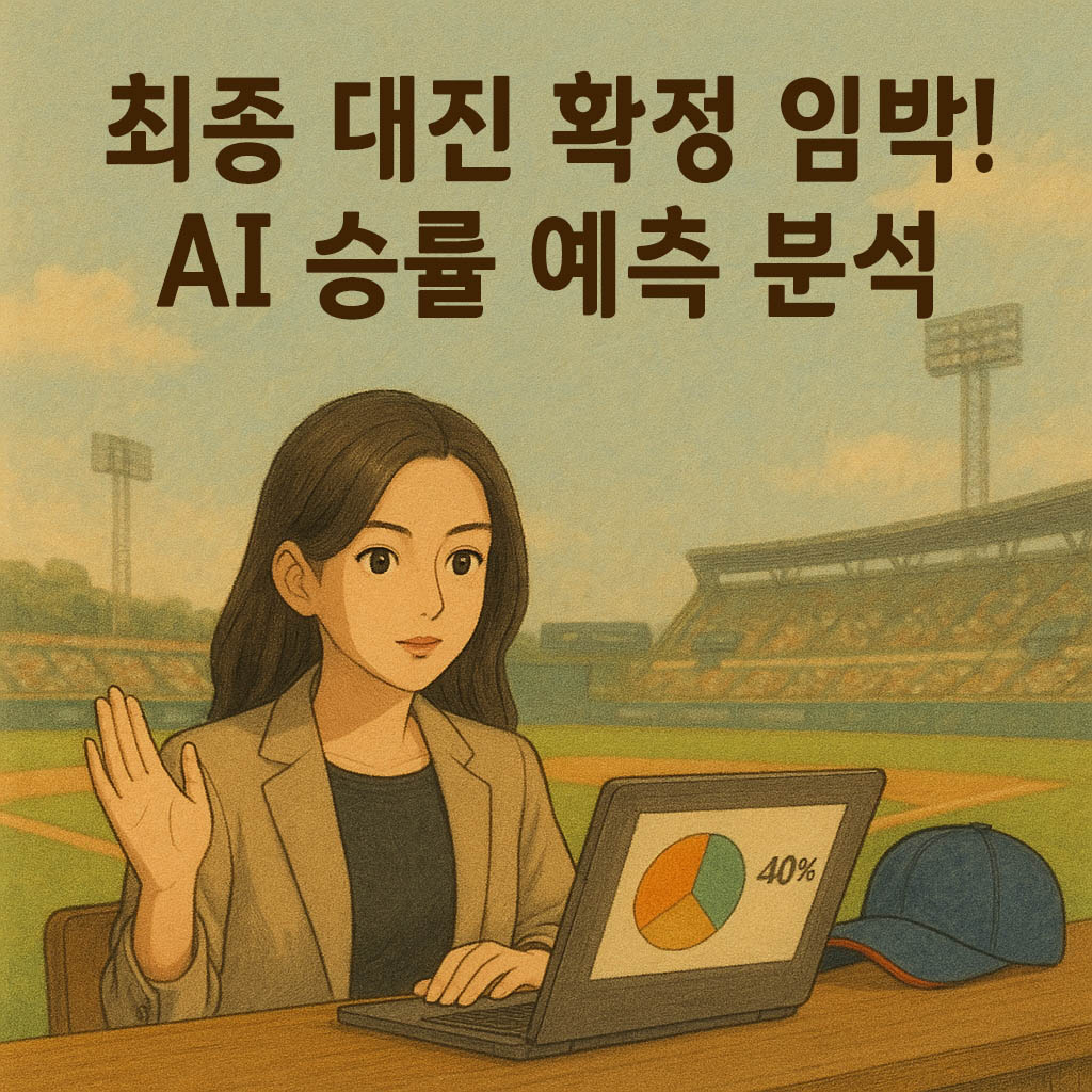 &amp;quot;야구장을 배경으로 한 지브리풍 일러스트. 노트북 앞에 앉은 세련된 여성이 AI 승률 분석을 설명하는 모습. 화면에는 원형 그래프와 &amp;#39;40%&amp;#39; 수치가 표시되어 있으며&amp;#44; 상단에는 &amp;#39;최종 대진 확정 임박! AI 승률 예측 분석&amp;#39; 문구가 적혀 있다.&amp;quot;