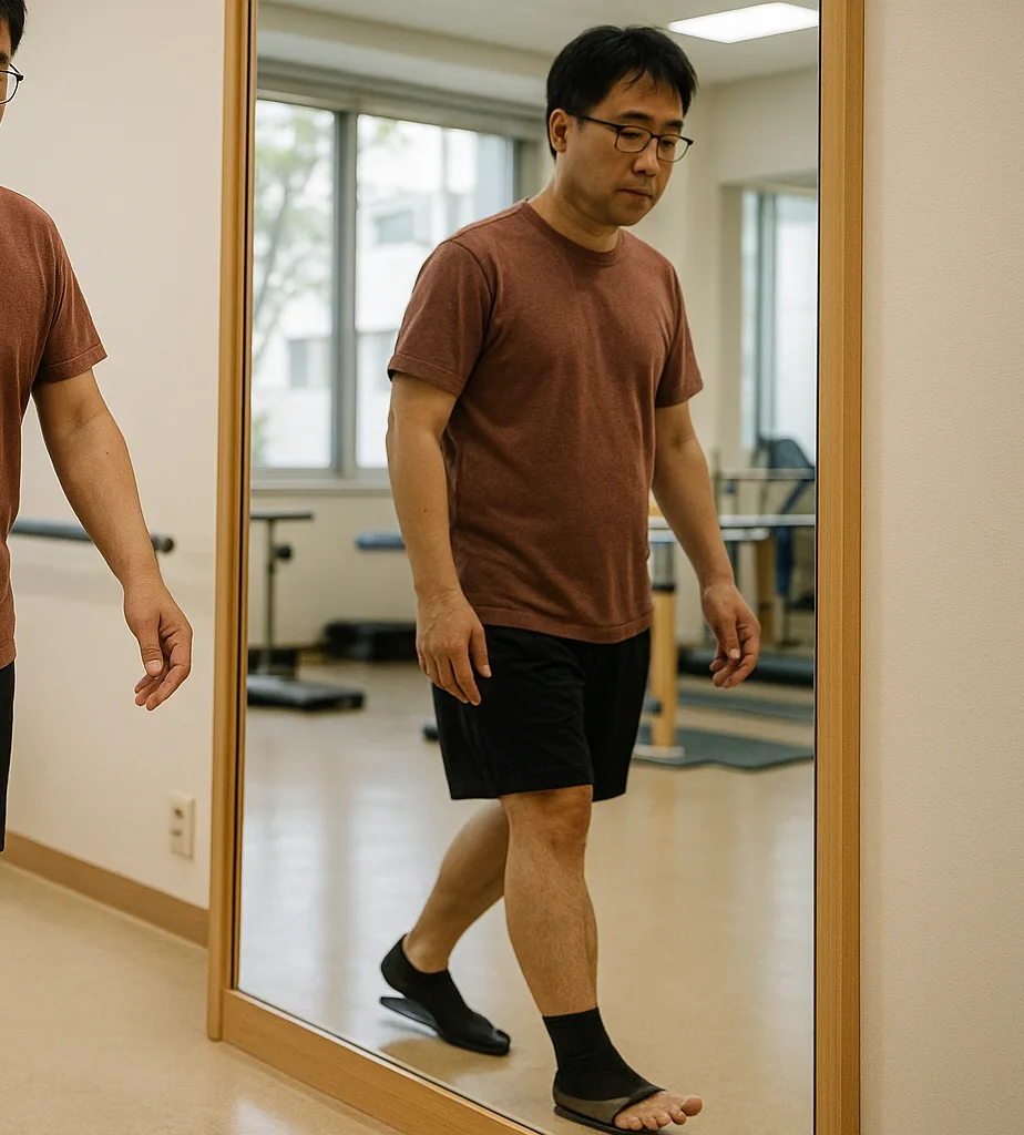 엄지발가락 상실 후 보행 교정 받는 모습