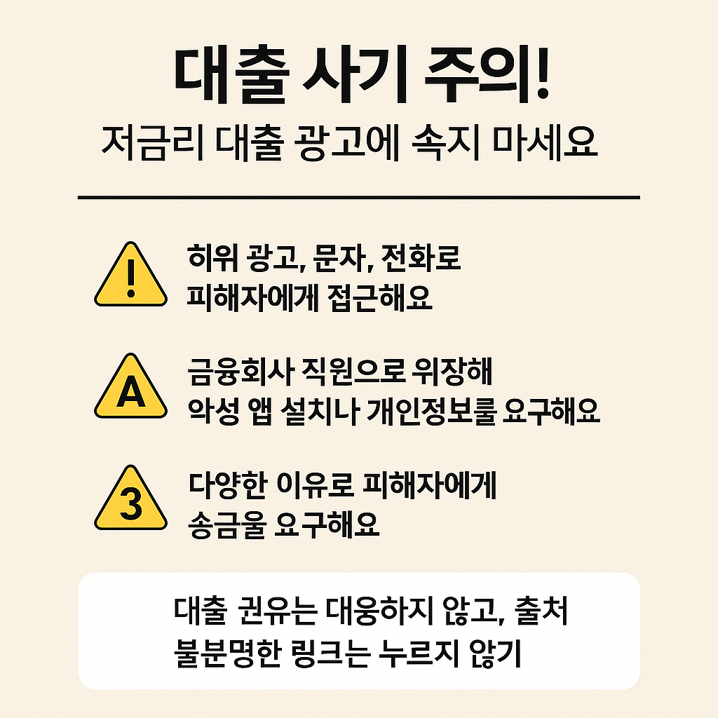 '대출 사기 주의! 저금리 대출 광고에 속지 마세요'라는 제목과 함께, 접근 수법·앱 설치·송금 요구 등 주요 사기 유형을 경고하는 3단계 인포그래픽 이미지.
