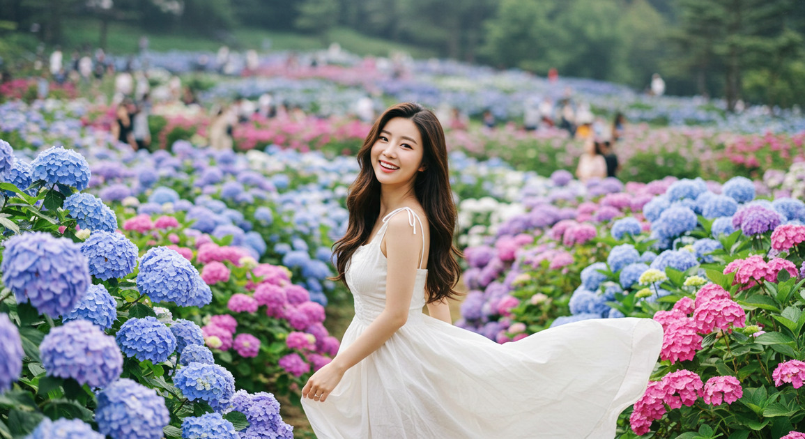 가평 양떼목장 수국축제 즐기는 여성 이미지